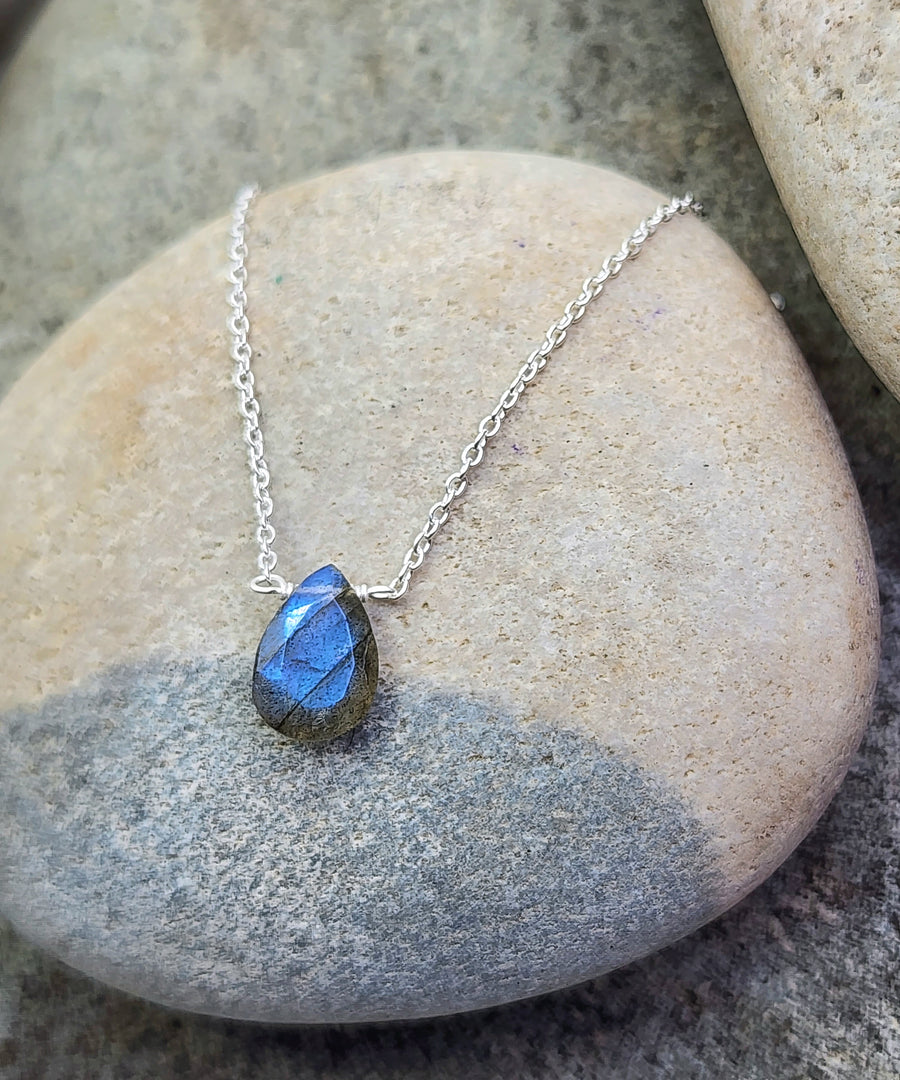 Labradorite Affirmation Small Teardrop Necklace 'You Are Enough' 14K Gold Vermeil