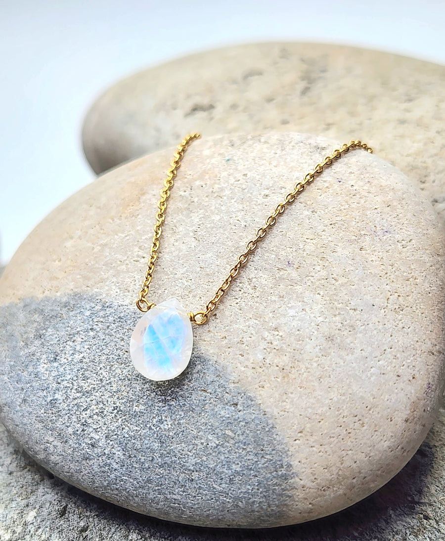 Deep Trust Necklace in Small Teardrop Rainbow Moonstone + Gold