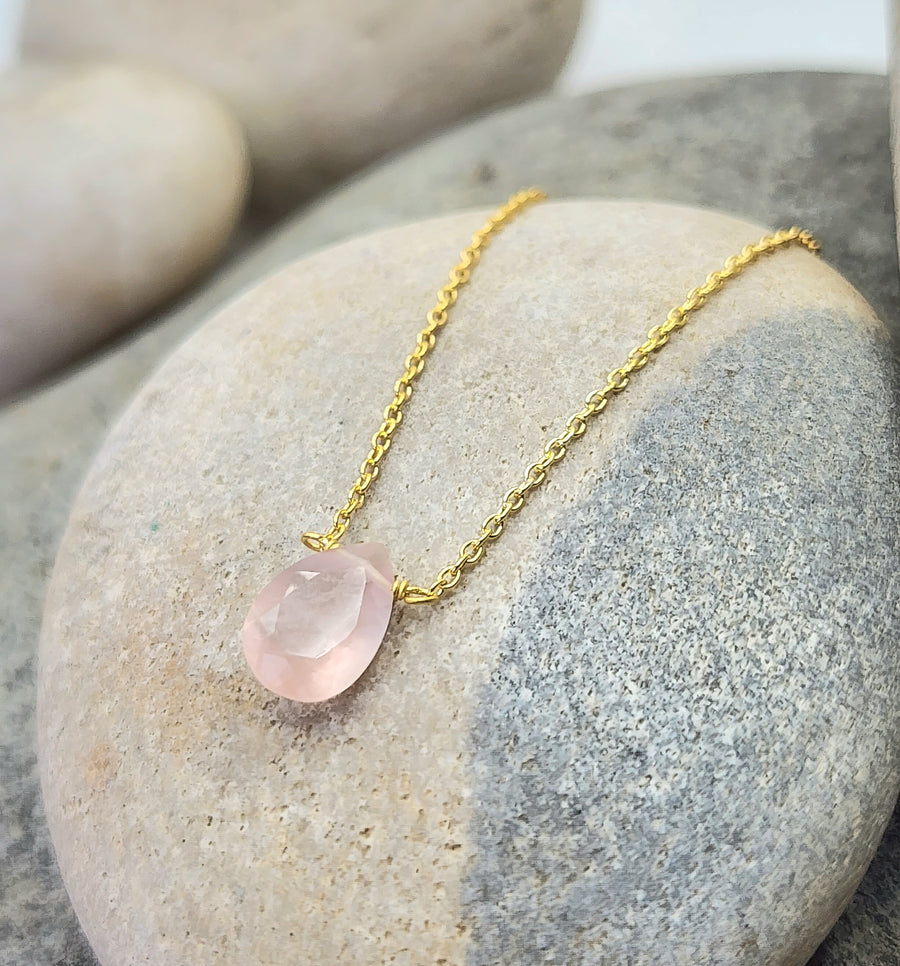 Rose Quartz Affirmation Small Teardrop Necklace "Love" Sterling Silver