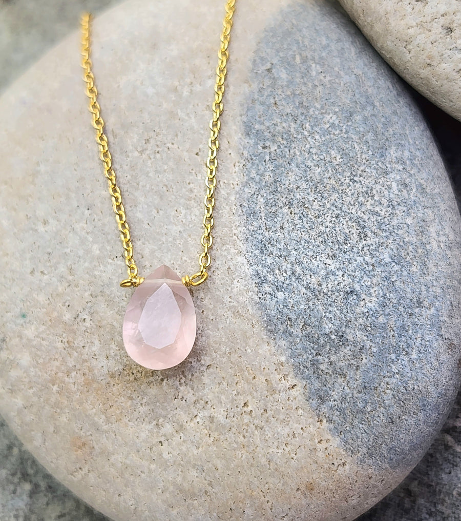 Rose Quartz Affirmation Small Teardrop Necklace "Love" 14K Gold Vermeil