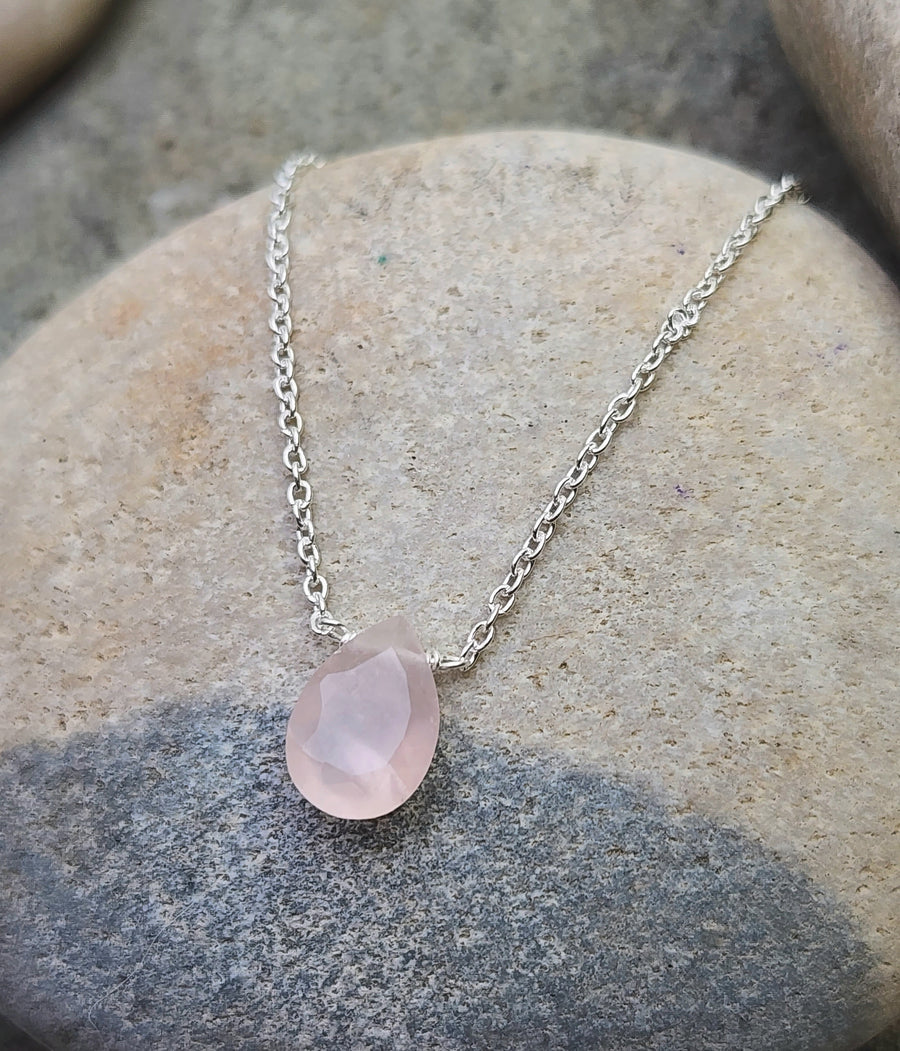 Rose Quartz Affirmation Small Teardrop Necklace "Love" Sterling Silver