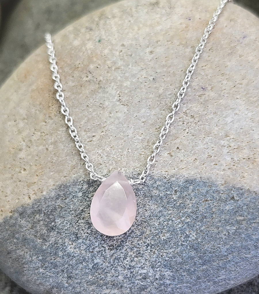 Rose Quartz Affirmation Small Teardrop Necklace "Love" Sterling Silver