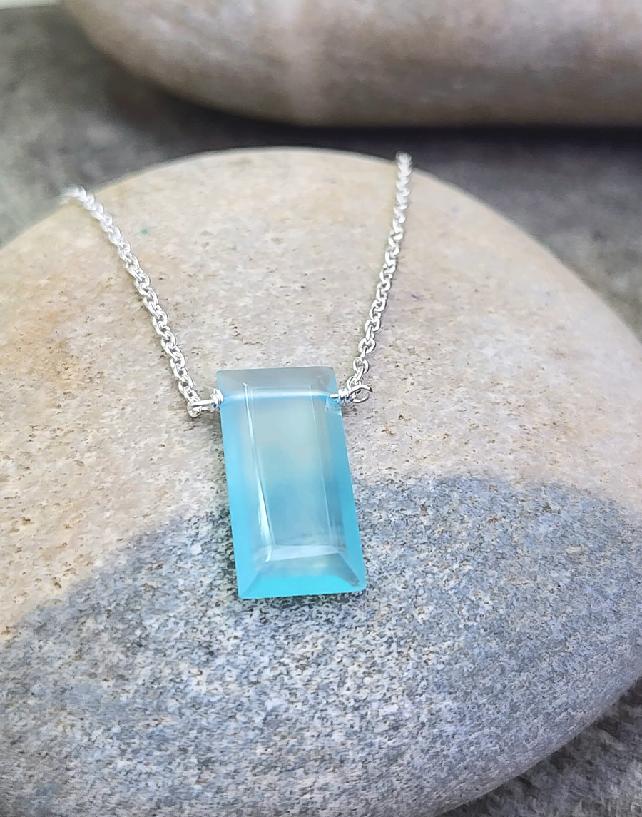 Loving Kindness Necklace in Aqua Chalcedony Rectangle + Sterling Silver