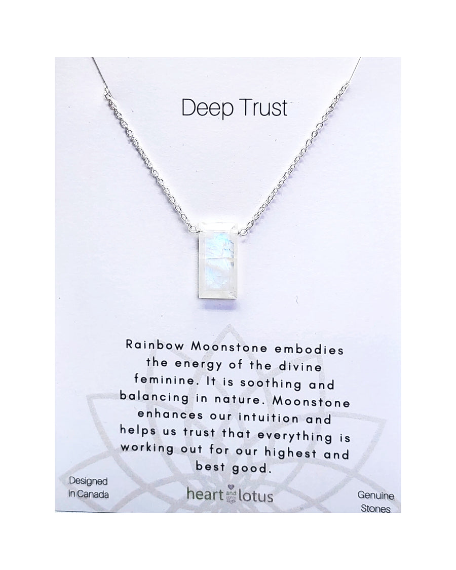 Rainbow Moonstone Affirmation Rectangle Necklace "Deep Trust"