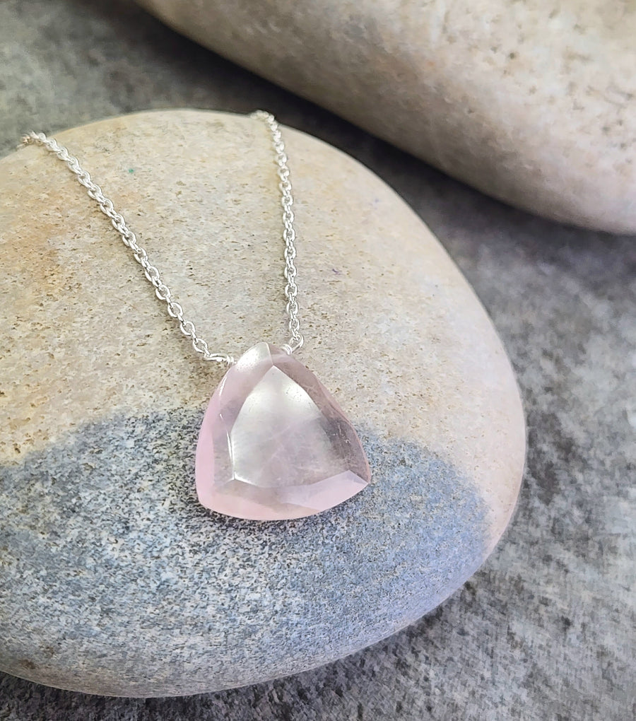 Love Necklace in Rose Quartz Triangle + Sterling Silver