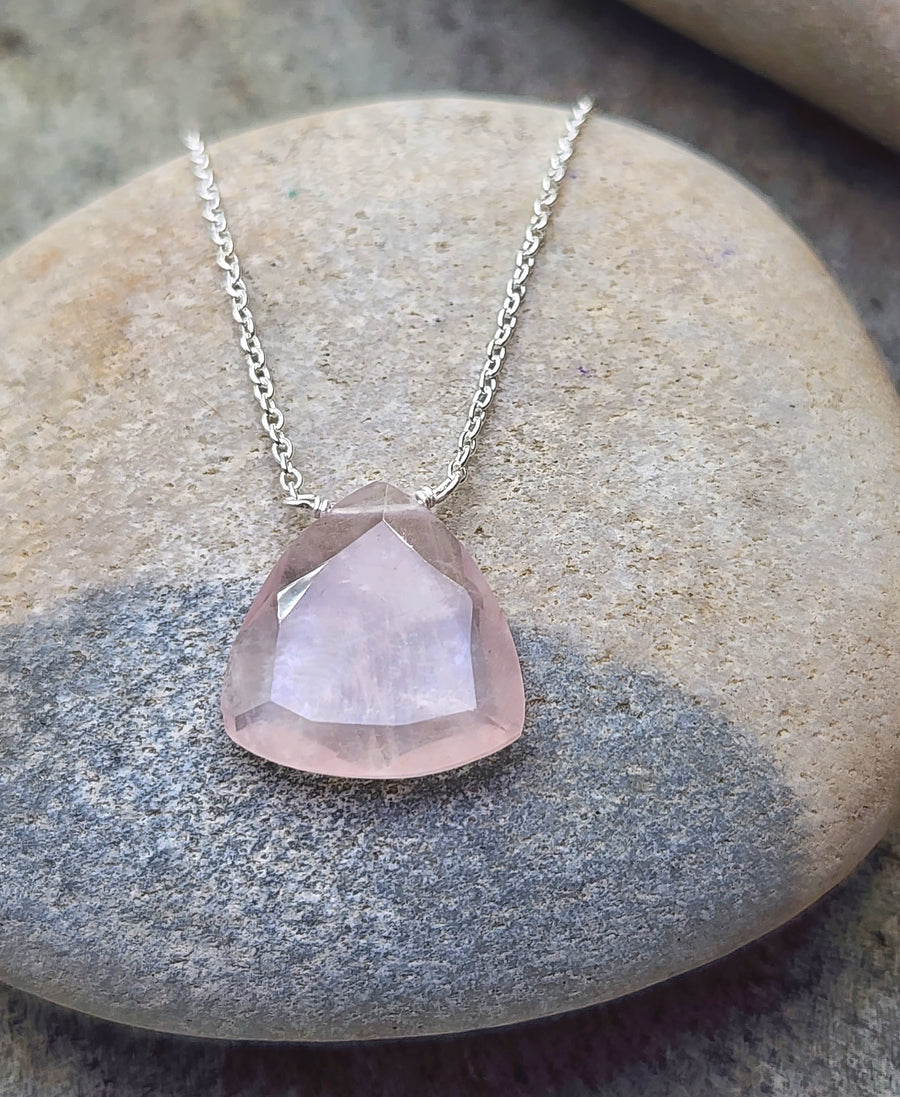 Love Necklace in Rose Quartz Triangle + Sterling Silver