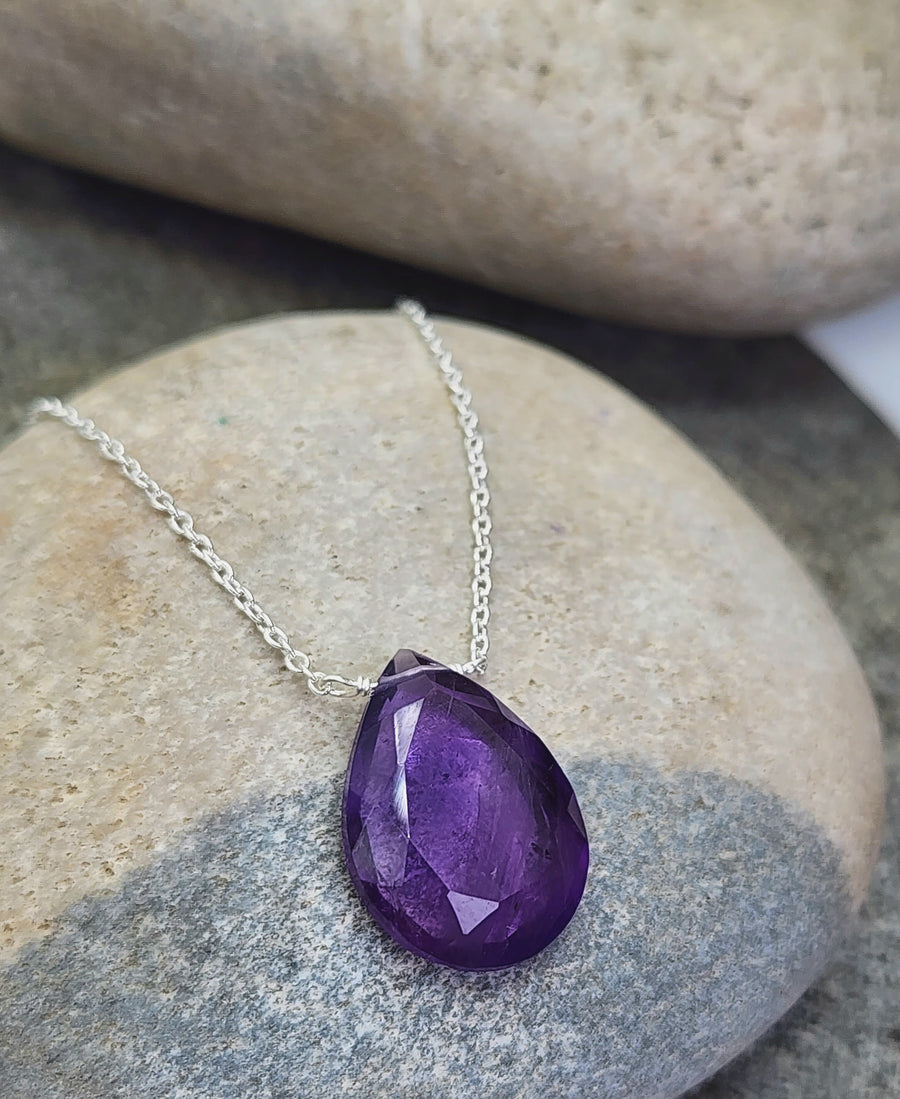 Amethyst Affirmation Teardrop Necklace "Gratitude"