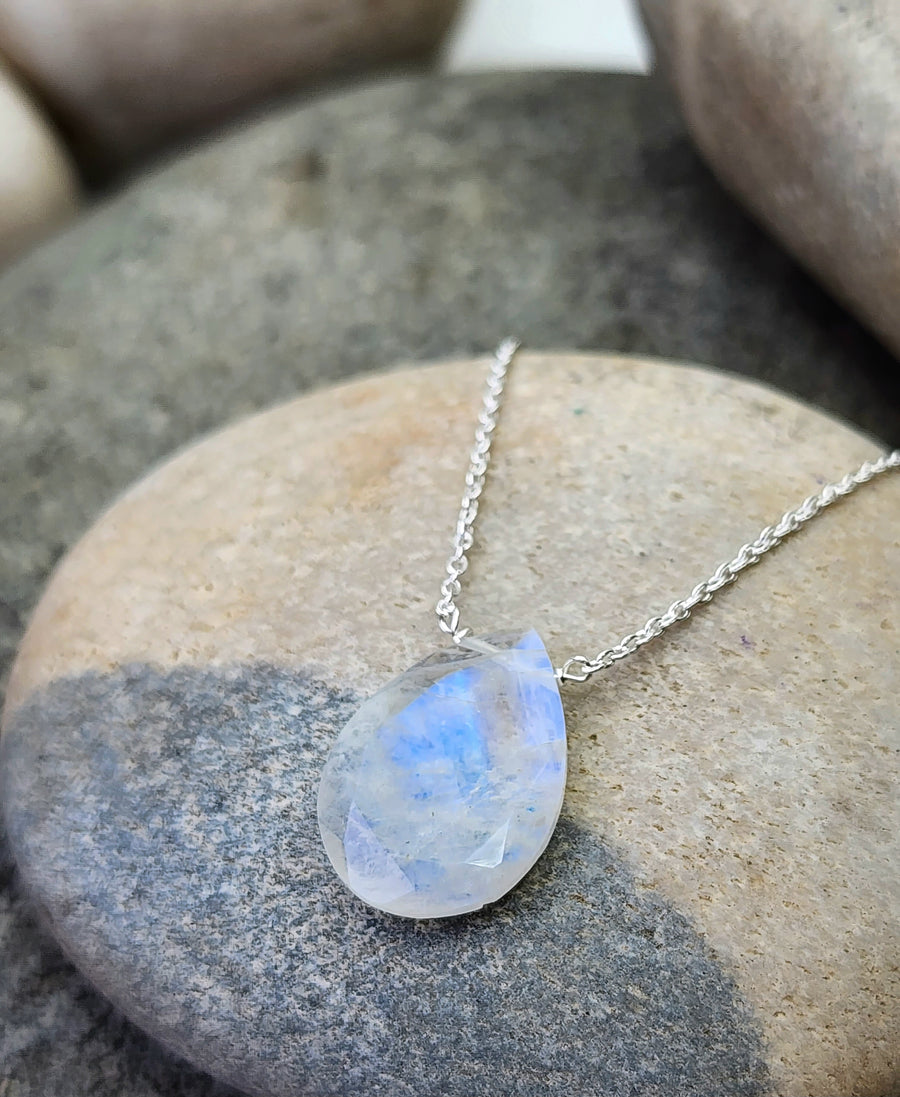 Deep Trust Necklace in Teardrop Rainbow Moonstone + Sterling Silver