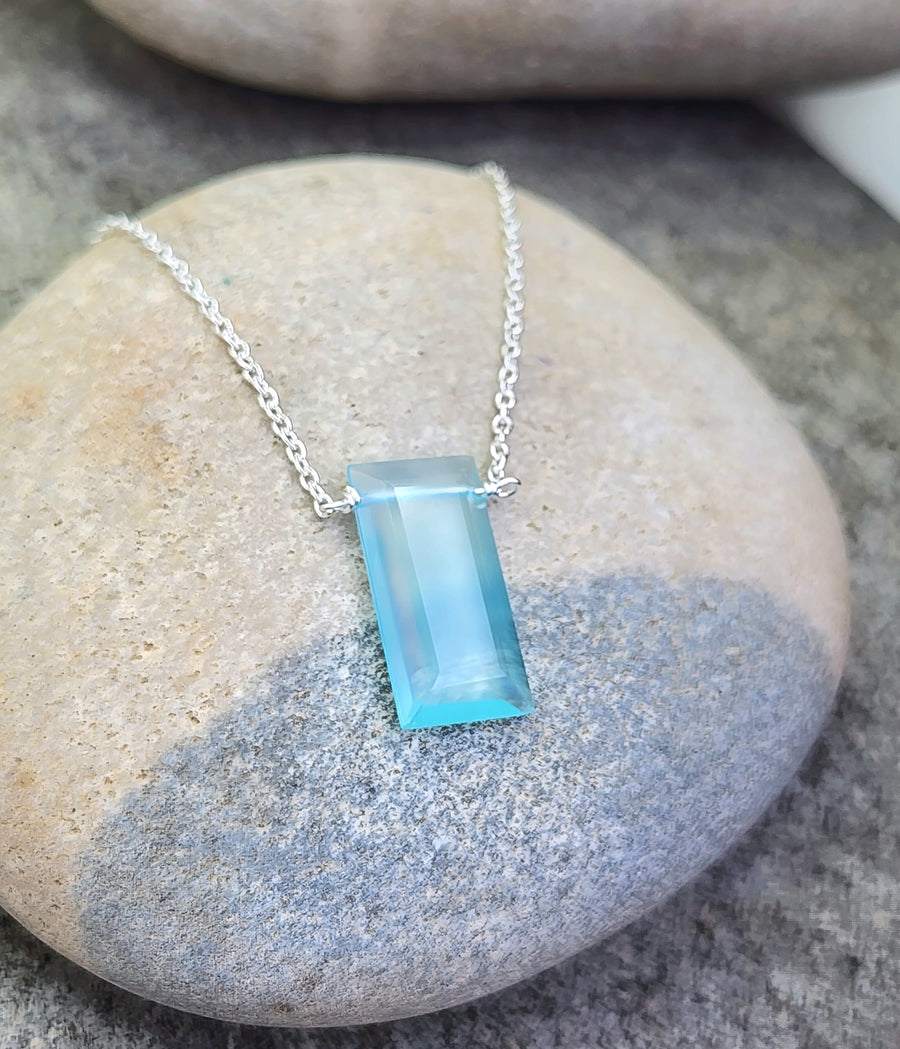 Aqua Chalcedony Affirmation Rectangle Necklace "Loving Kindness"