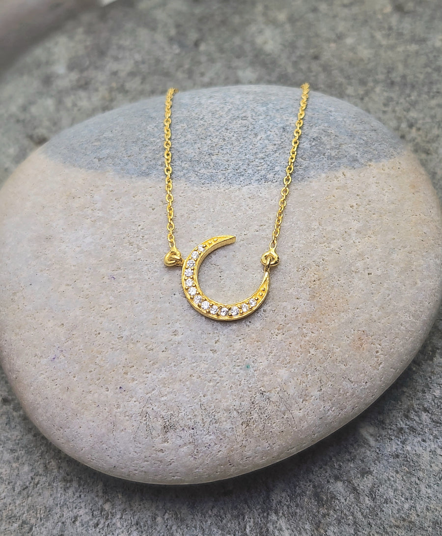 Crescent Moon Crystal Necklace 14K Gold Vermeil