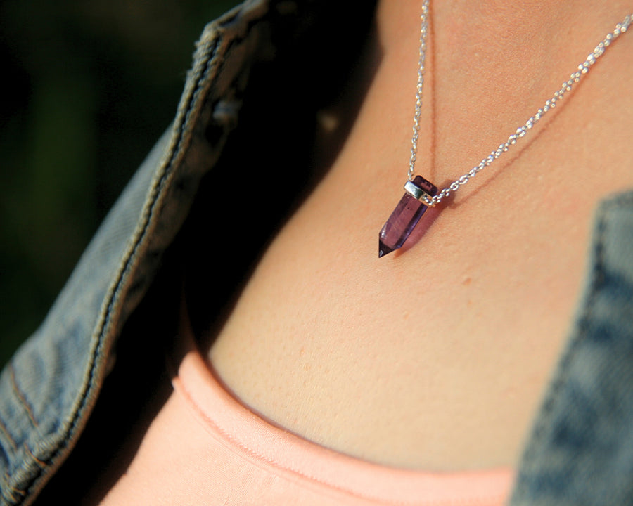 Deep Trust Crystal Point Necklace in Rainbow Moonstone + Sterling Silver
