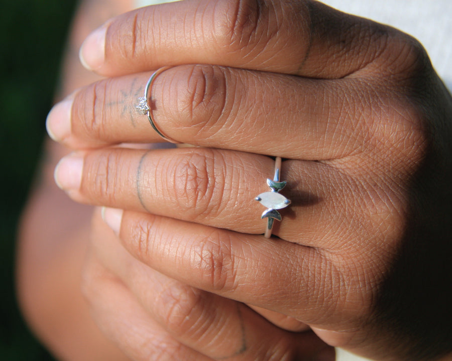Inner Goddess Ring in Rainbow Moonstone + Silver