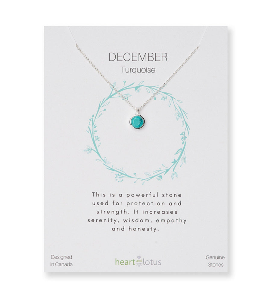 Heart and Lotus Birthstone Silver Necklace December Turquoise