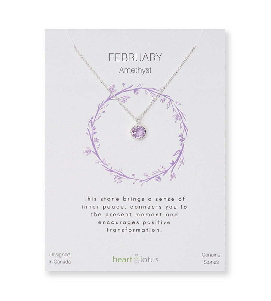 Heart and Lotus Birthstone Silver Necklace February Amethyst