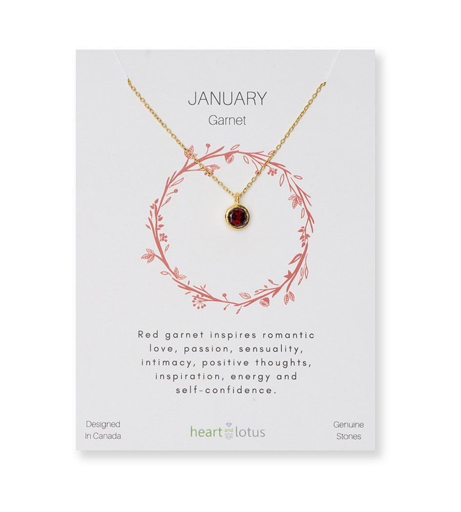 Heart and Lotus Birthstone Gold Necklace January Garnet