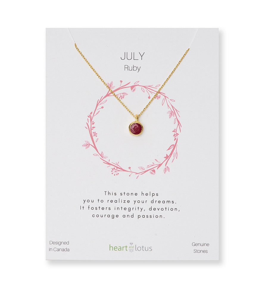 Heart and Lotus Birthstone Gold Necklace July Ruby