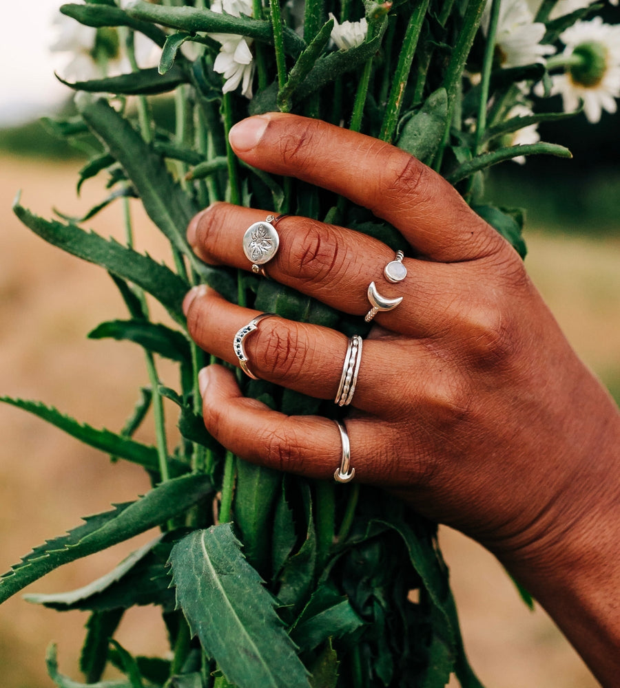 Heart and Lotus Mind Body Spirit Ring Set Silver