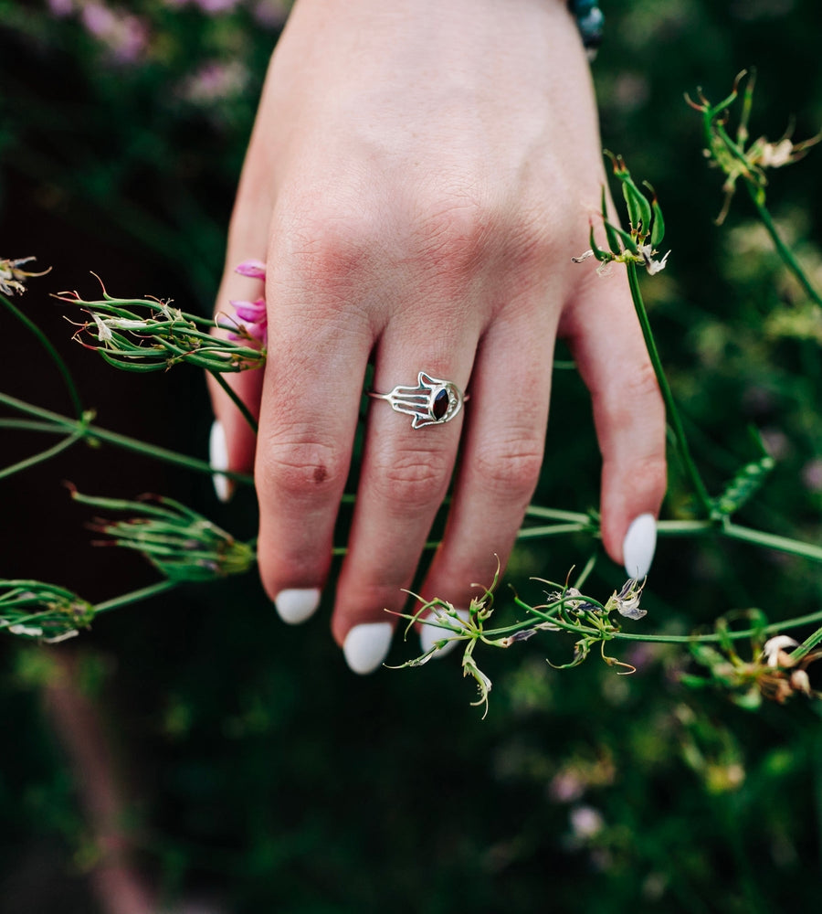 Heart and Lotus Blessings Hamsa Ring Silver