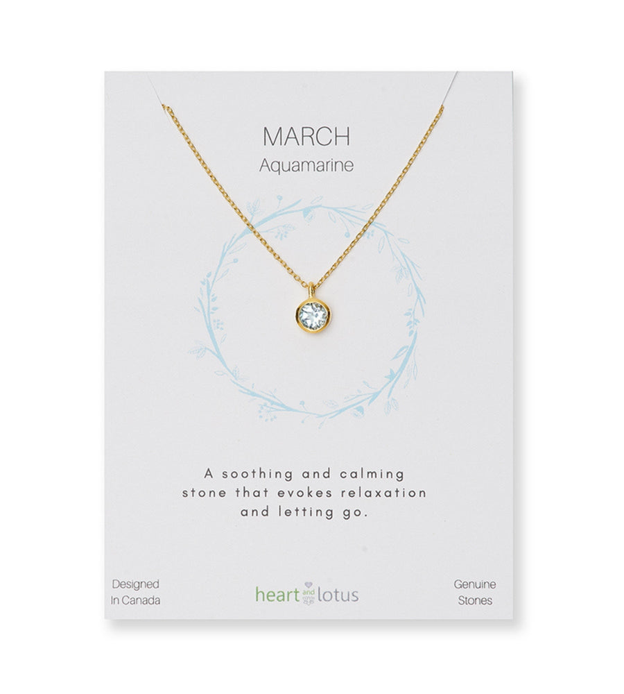 Heart and Lotus Birthstone Gold Necklace March Aquamarine