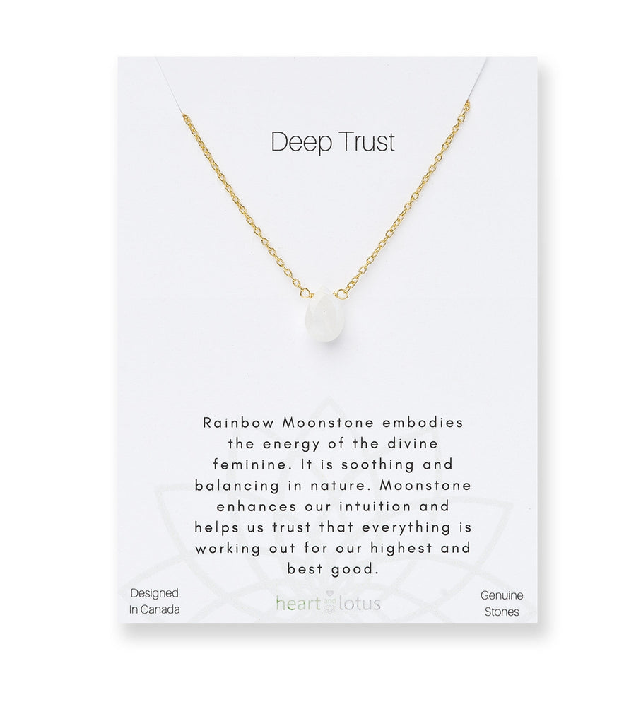 Heart and Lotus Rainbow Moonstone Deep Trust Gold Teardrop Affirmation Necklace