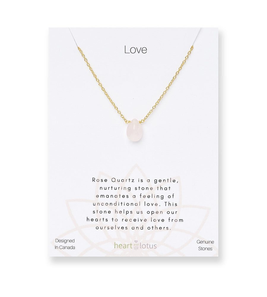 Heart and Lotus Rose Quartz Love Gold Teardrop Affirmation Necklace
