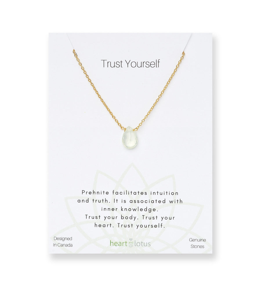 Heart and Lotus Prehnite Trust Yourself Gold Teardrop Affirmation Necklace