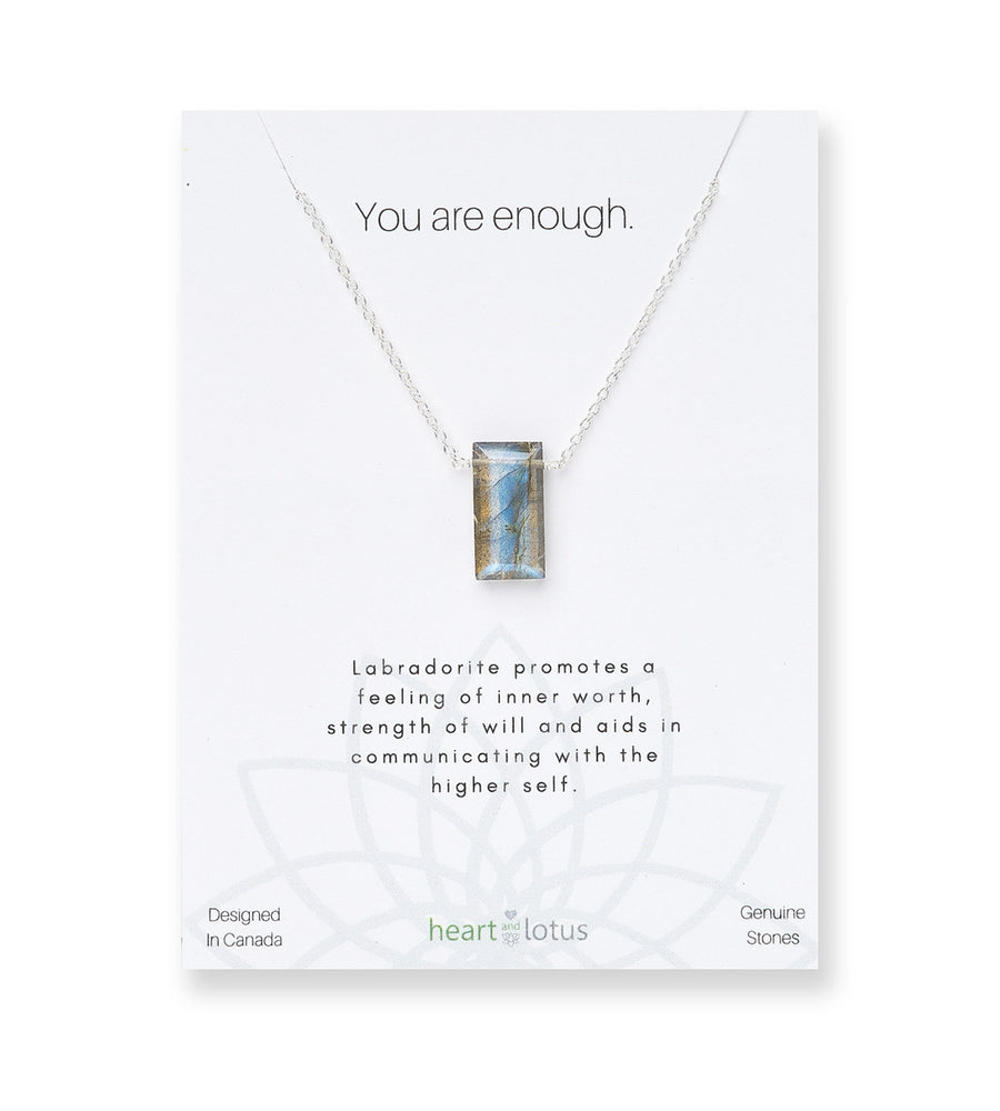 Heart and Lotus Rectangle Labradorite Silver Affirmation Necklace You Are Enough