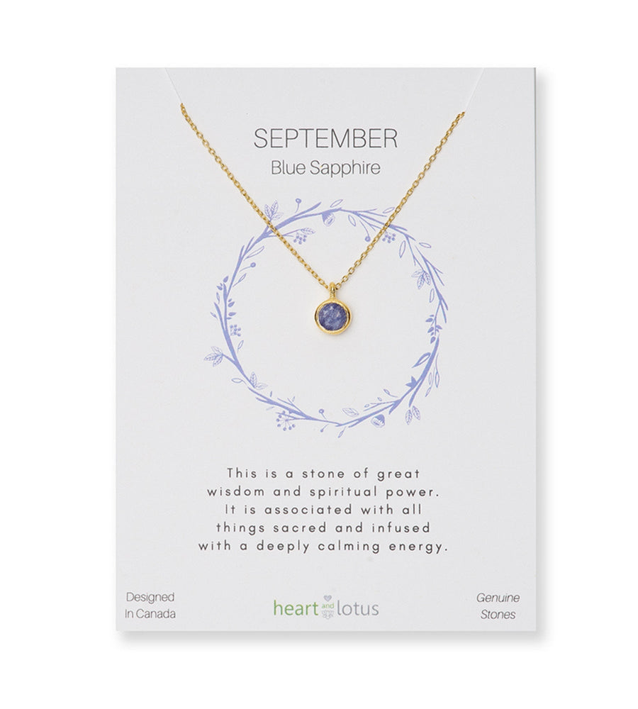 Heart and Lotus Birthstone Gold Necklace September Blue Sapphire